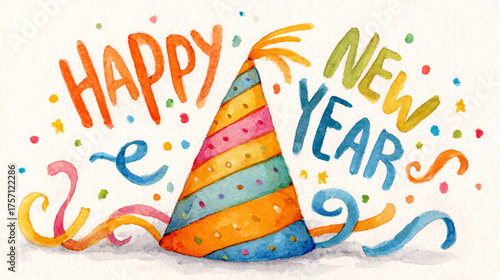 watercolor illustration of a party hat and streamers with 