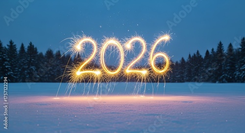 The year 2026 written in sparklers on a snowy field with trees in the background at night in winter