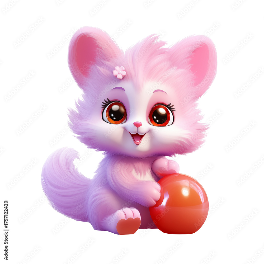 Fototapeta premium Cute pink kitten toy character playing with a ball on white background with copy space