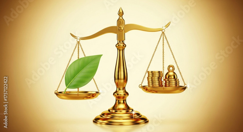 Environmental sustainability and financial balance concept with leaf and money on golden scales balance