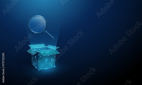 Magnifying glass emerging from an open box. Investigation, creative thinking, analytics, quality control, scientific research, innovation, discovery concept.