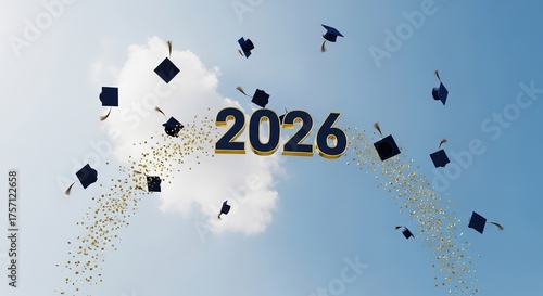 Graduation caps and golden confetti rain down on the class of 2026 against a bright blue sky background