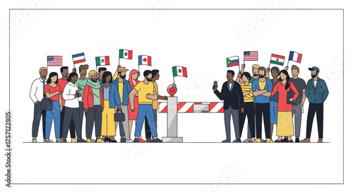 Diverse group of people from various nationalities gather at a border crossing with flags