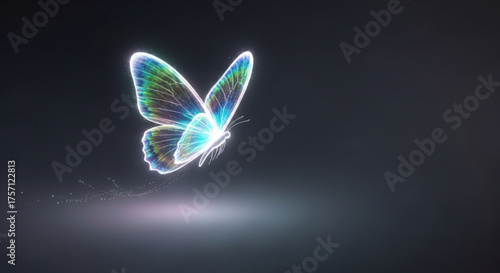Glowing butterfly illustration design, iridescent wings, magical insect, ethereal light, fantasy art, nature art