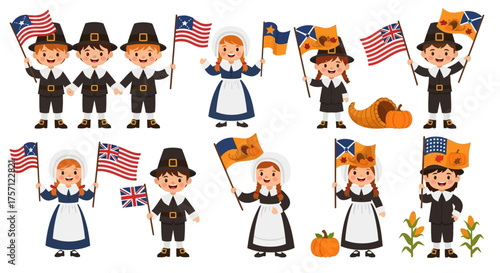 Charming cartoon Pilgrim characters celebrating Thanksgiving with historical flags and seasonal autumn symbols, perfect for holiday designs