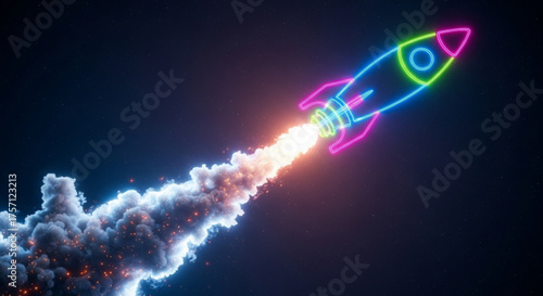 Neon rocket launch illustration for startup business growth and success in outer space with smoke trail art