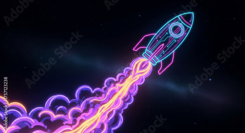 Neon rocket ship launching into space vector illustration for startup and technology concepts design