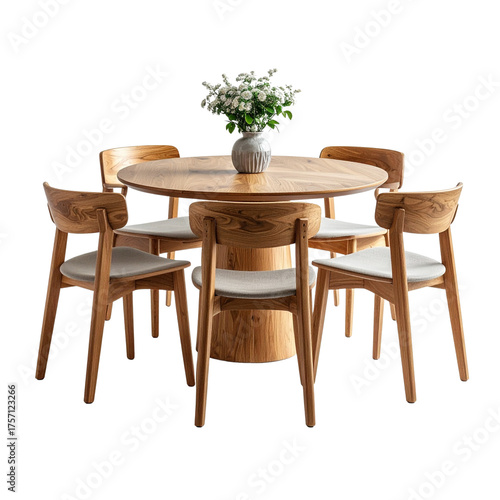 Contemporary wooden dining set, round table and chairs, Scandinavian style, isolated object 