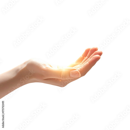 A realistic photo of a human hand holding glowing light energy, soft white background, gentle lighting, magical and peaceful mood 