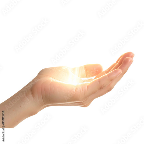 A realistic photo of a human hand holding glowing light energy, soft white background, gentle lighting, magical and peaceful mood