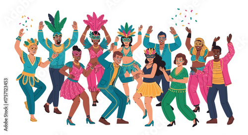 Vibrant carnival celebration with a diverse group of people dancing enthusiastically, enjoying festive music and scattered confetti