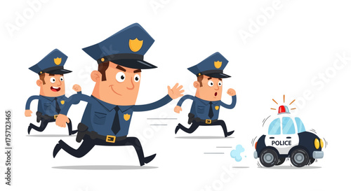A team of funny cartoon police officers in uniform running in a comical pursuit of a speeding toy car