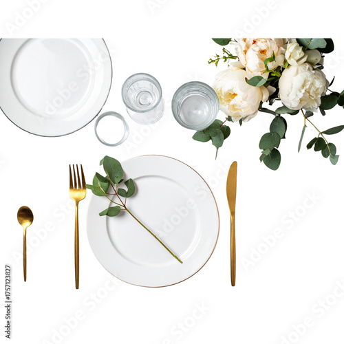 Chic and elegant, gold-plated cutlery and white plates, table setting with empty plates 