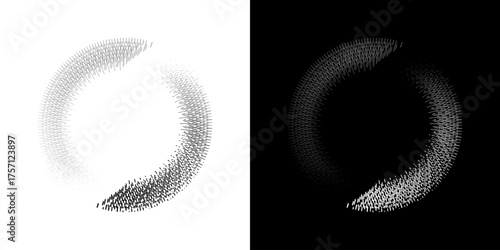 Dynamic abstract spiral sound wave rhythm lines. Circular spiral sound wave rhythm of lines. Circular futuristic abstract lines, black and white background.	
