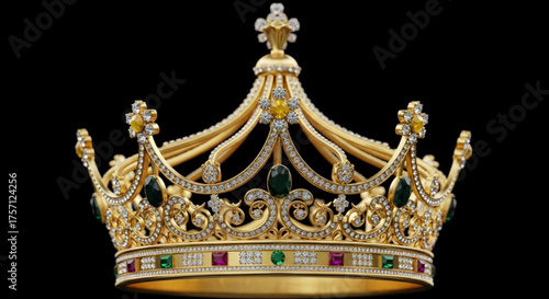 Luxury golden crown with jewels and gems for king queen royalty and jewelry design with black background