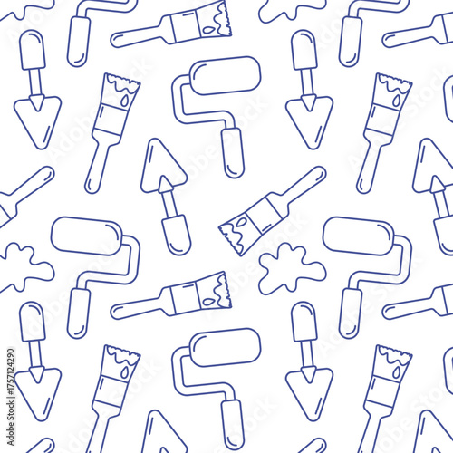 Seamless pattern with simple line icons of painting tools: brushes, rollers and palette knives. Vector background for prints, paper, and packaging for Builder's Day and Labor Day.