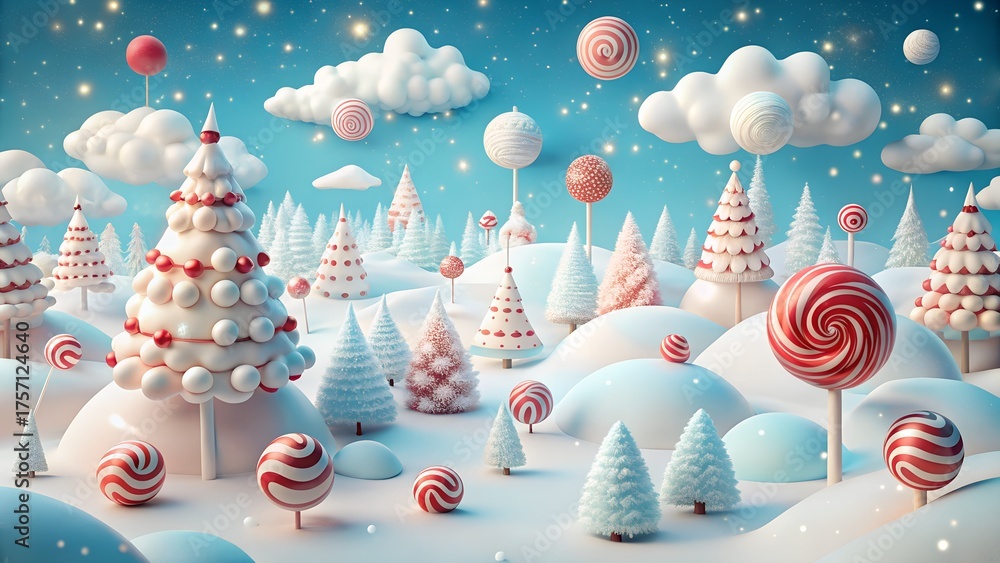Obraz premium Photo of whimsical winter wonderland with candythemed christmas trees, lollipops, and fluffy clouds under a sparkling blue sky, creating a sweet fantasy scene