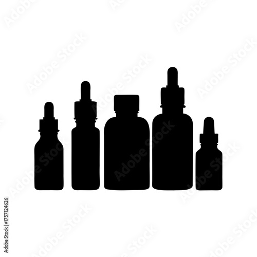 Silhouette of assorted tincture and liquid medicine bottles and droppers, flat composition