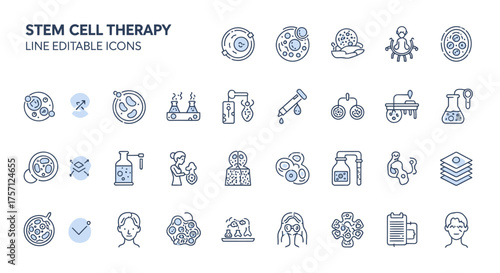 Modern stem cell therapy line icons representing medical research, scientific innovation, and advanced regenerative medicine for healthcare professionals