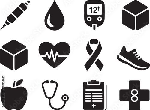 Essential diabetes management icons set for wellness