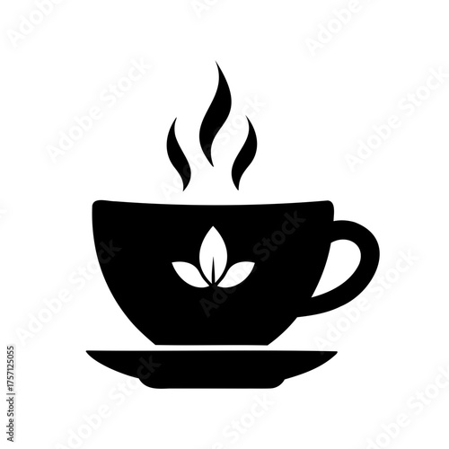 Elegant black silhouette of a teacup with rising steam and leaf design