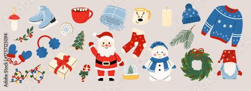 Hand-drawn cozy Christmas vector set with Santa, snowman, gifts, socks, cocoa mug, sweater, wreath and winter accessories. Perfect for cards, planners, wrapping paper and festive design.