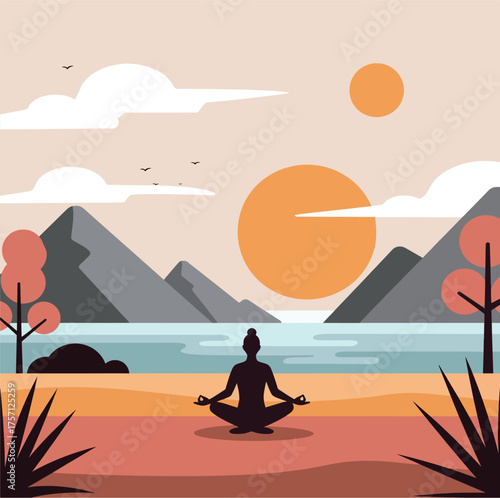 A serene illustration of a person meditating in a lotus position by a tranquil lake with mountains and a large setting sun in the background.