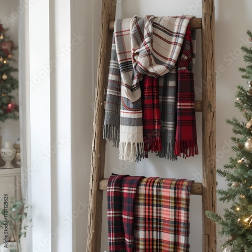 Rustic ladder decorated with plaid scarves as Christmas display.