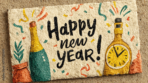 a festive new year's card featuring an illustration of confetti and streamers bursting from the top edge of a clock face, with 