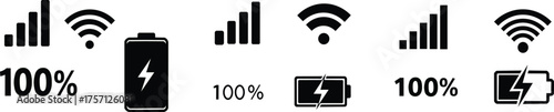Battery and WiFi Signal Icons Vector – Mobile Network and Charging Status Symbols