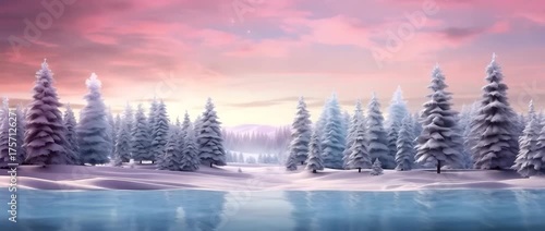 Wallpaper Mural Christmas background with pine trees in the background of a snowy lakeside landscape Torontodigital.ca