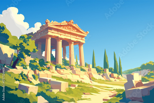 Cartoon Greek ruins on hills, ancient temple, vector illustration
