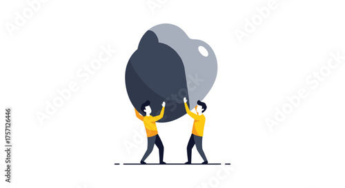 Two people struggling to lift a heavy cloud symbol representing difficult challenges