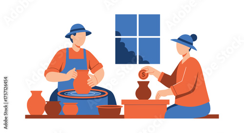 Two People Enjoying Pottery Making Workshop Crafting Ceramic Vases