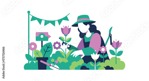 A Gardener Nurtures Flowers in a Vibrant Spring Garden Scene