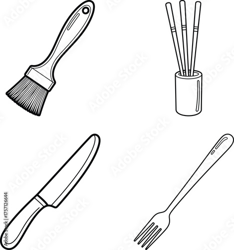 Kitchen utensils drawing set fork spoon knife brush | line art illustration for children's simple coloring book