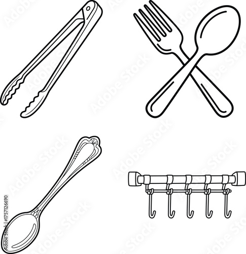 Set of kitchen utensils and tongs | line art illustration for children's simple coloring book