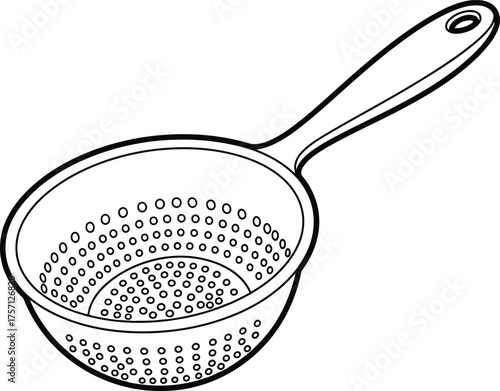 Kitchen strainer utensil with handle and holes | line art illustration for children's simple coloring book