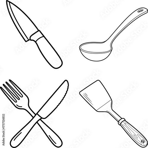 Kitchen utensils fork spoon knife spatula drawing | line art illustration for children's simple coloring book