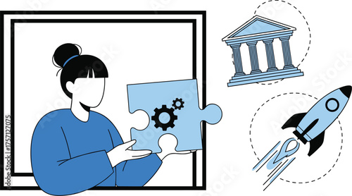 Modern Woman Presenting Business Solution Puzzle Piece with Technology Gears, Innovation Startup Launch, and Classical Architecture in Abstract Design for Corporate Strategy and Financial Success Pres