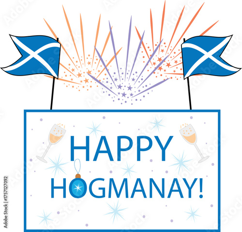 Hogmanay Celebration with Scottish Flags and Fireworks