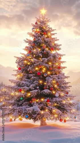 Snow covered Christmas Tree with Colorful Ornaments and Golden Star at Sunset