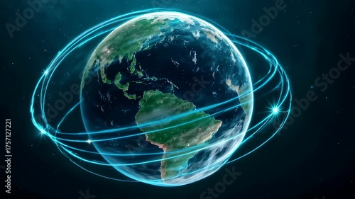 A global network of technology and communication around planet Earth. A concept for internet, data, and international business. Seamless loop 4K video animation. 
