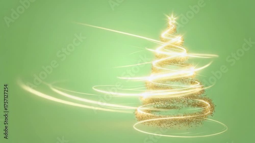 Christmas tree made of swirling golden lights and particles, topped with a glowing star The golden lights spiral in smooth on green background
