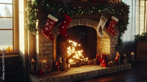 Fireplace glows with crackling flames, surrounded by a brick mantel adorned with garlands, twinkling lights, and colorful stockings