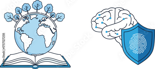 Global Knowledge Protection: Brain Security Concept Depicting Education and Technology Integration for Worldwide Intelligence, Security, Innovation, Learning, with Digital Fingerprint Shield, Informat