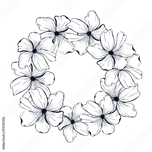 A black and white drawing of a flower wreath with a white background.The flowers are drawn in a stylized way, with each petal and stem carefully outlined.