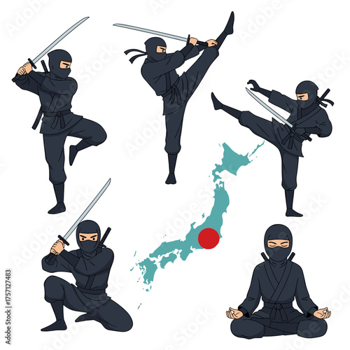 Five ninjas in various martial arts poses around a map of Japan.