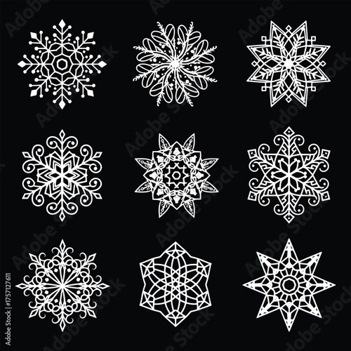 Detailed Line Art Snowflakes Ornament Set on Black