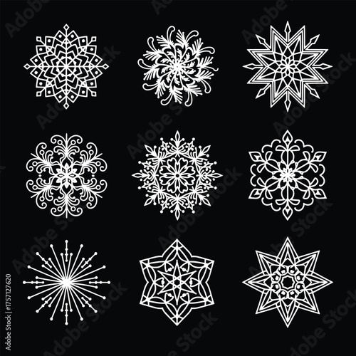 Intricate White Snowflake Ornaments Collection on Black